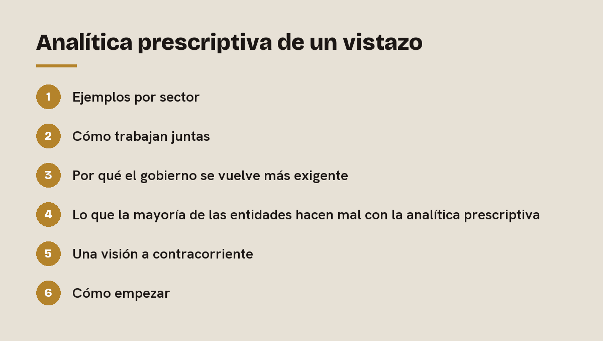 Analítica prescriptiva de un vistazo: esquema de las 6 secciones de esta respuesta