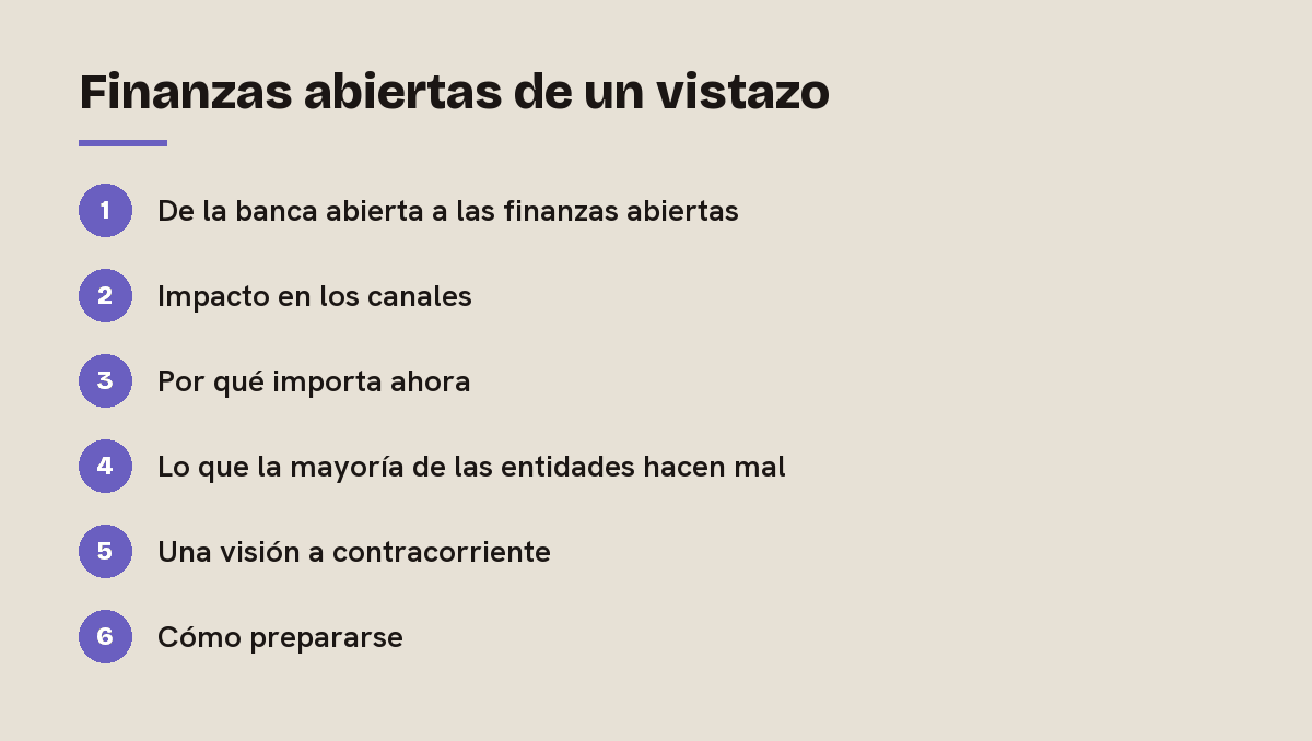 Finanzas abiertas de un vistazo: esquema de las 6 secciones de esta respuesta