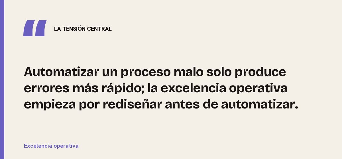 Excelencia operativa, la tensión central: Automatizar un proceso malo solo produce errores más rápido; la excelencia operativa empieza por rediseñar antes de automatizar.
