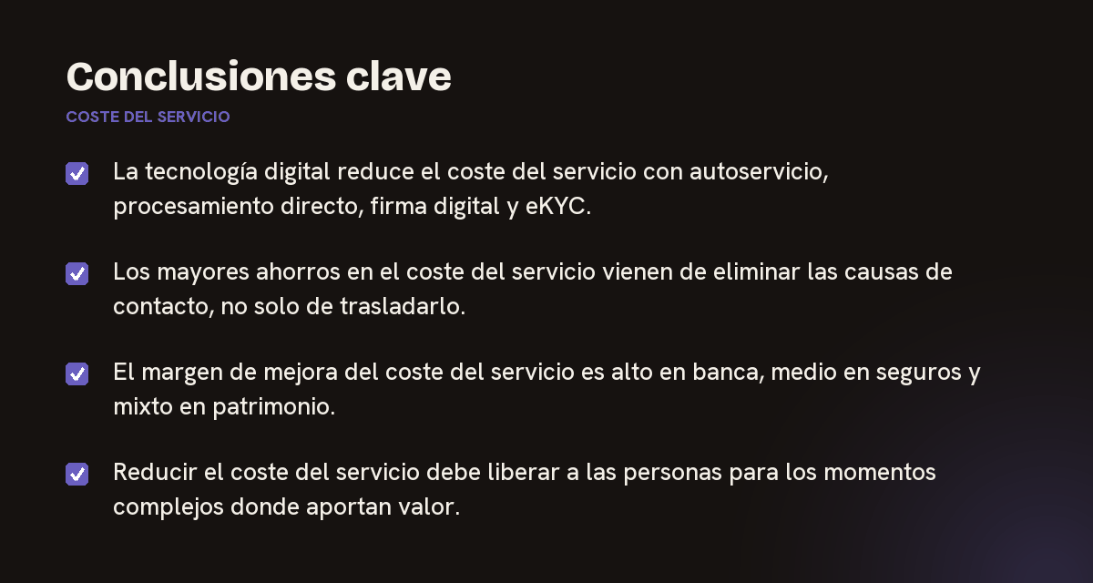 Conclusiones clave sobre coste del servicio, resumidas en 4 puntos