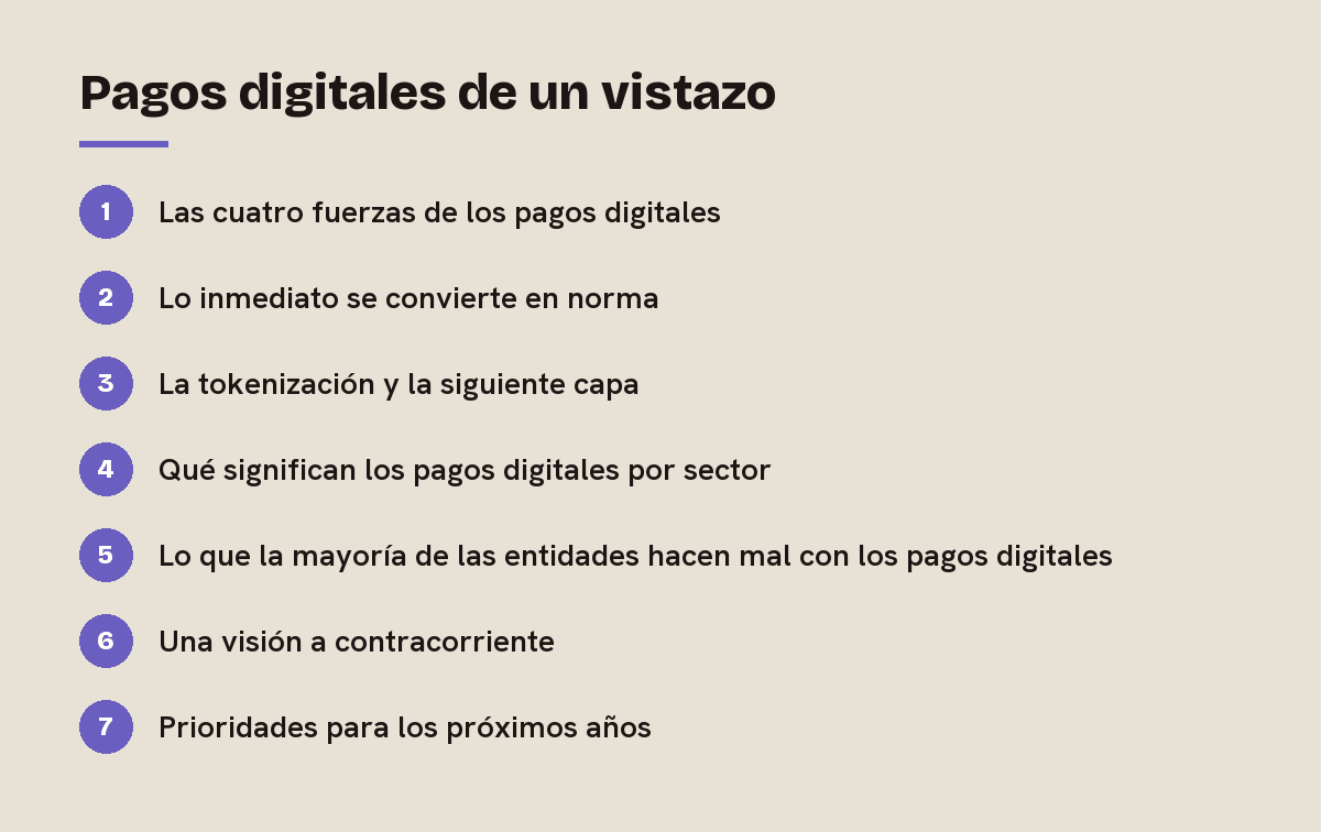 Pagos digitales de un vistazo: esquema de las 7 secciones de esta respuesta