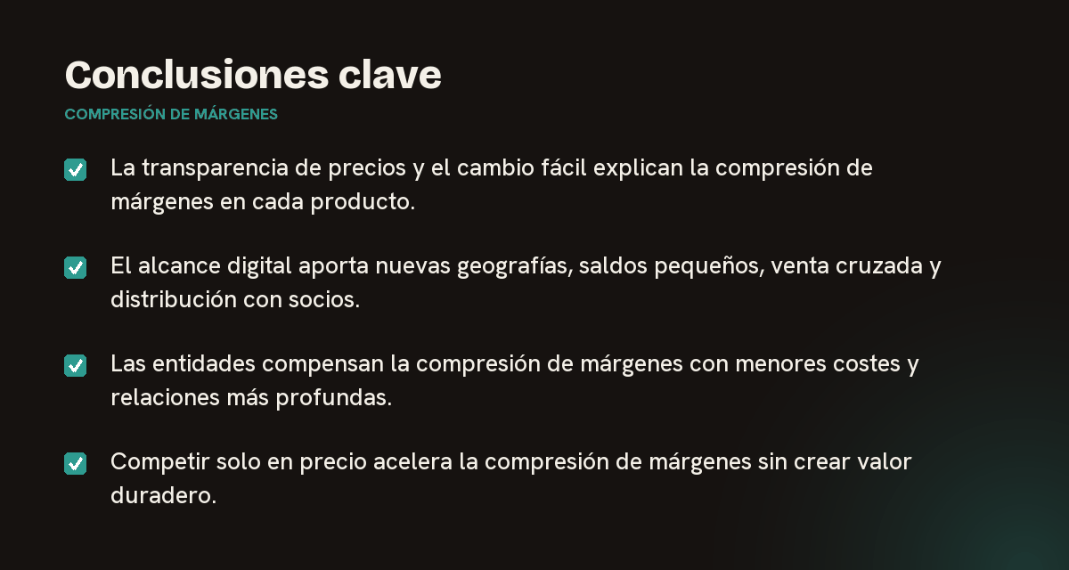 Conclusiones clave sobre compresión de márgenes, resumidas en 4 puntos