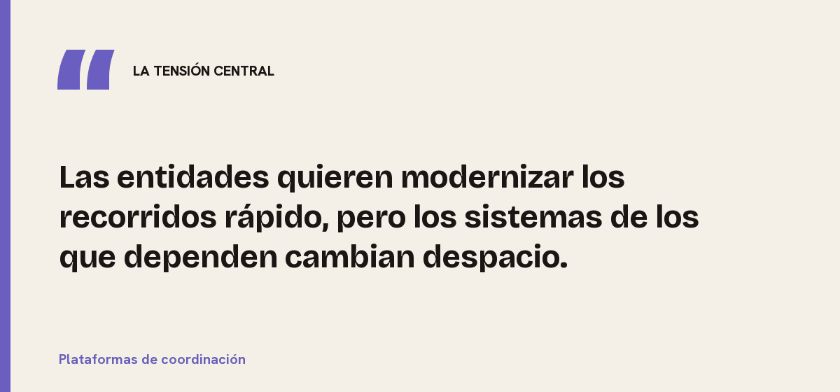 Plataformas de coordinación, la tensión central: Las entidades quieren modernizar los recorridos rápido, pero los sistemas de los que dependen cambian despacio.