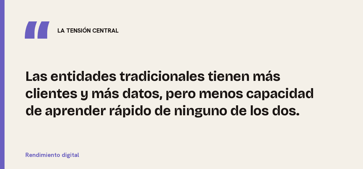 Rendimiento digital, la tensión central: Las entidades tradicionales tienen más clientes y más datos, pero menos capacidad de aprender rápido de ninguno de los dos.