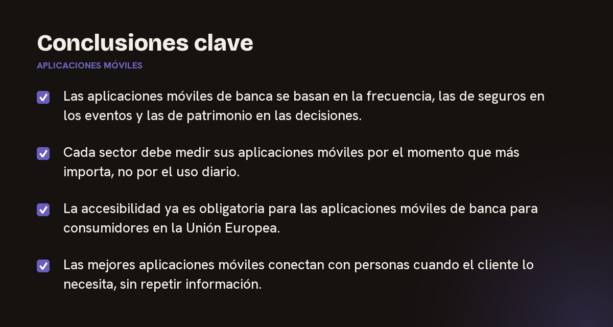 Conclusiones clave sobre aplicaciones móviles, resumidas en 4 puntos