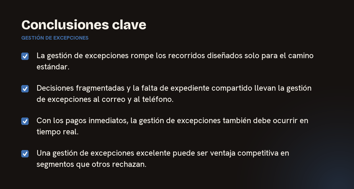 Conclusiones clave sobre gestión de excepciones, resumidas en 4 puntos