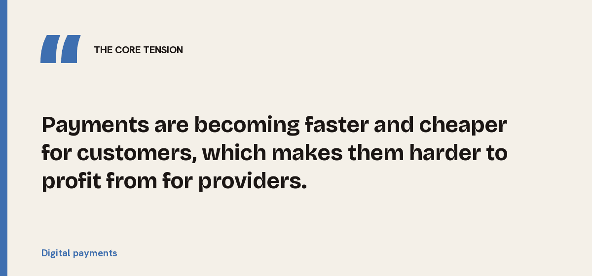 Digital payments, the core tension: Payments are becoming faster and cheaper for customers, which makes them harder to profit from for providers.