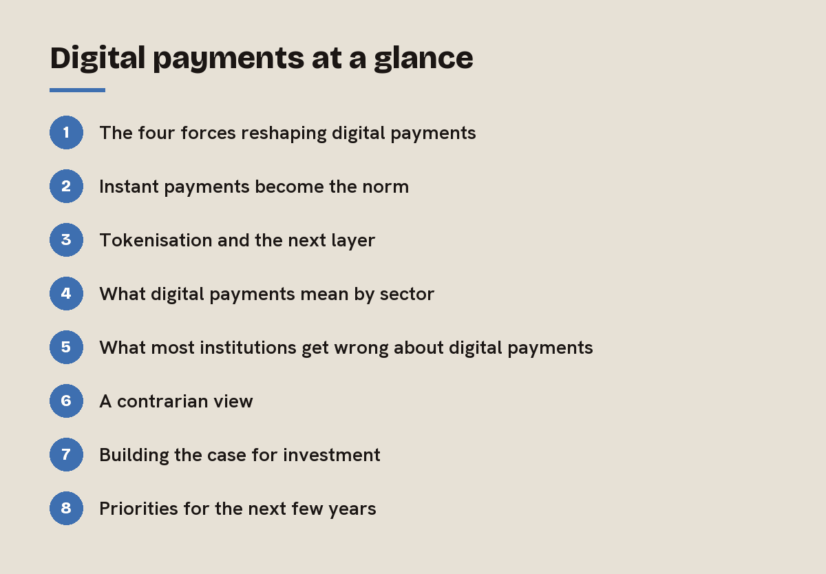 Digital payments at a glance: outline of the 8 sections in this answer