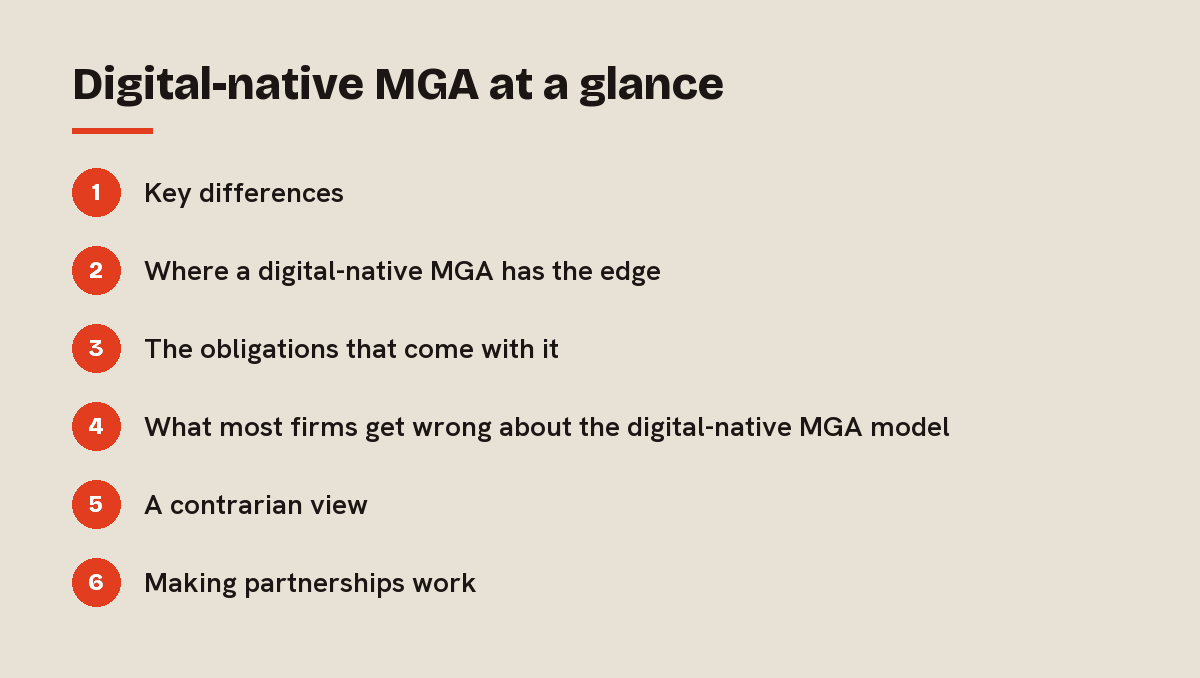 Digital-native MGA at a glance: outline of the 6 sections in this answer