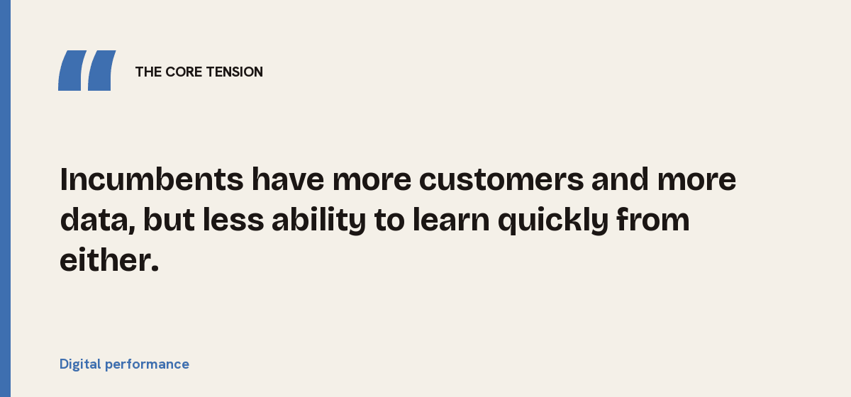 Digital performance, the core tension: Incumbents have more customers and more data, but less ability to learn quickly from either.