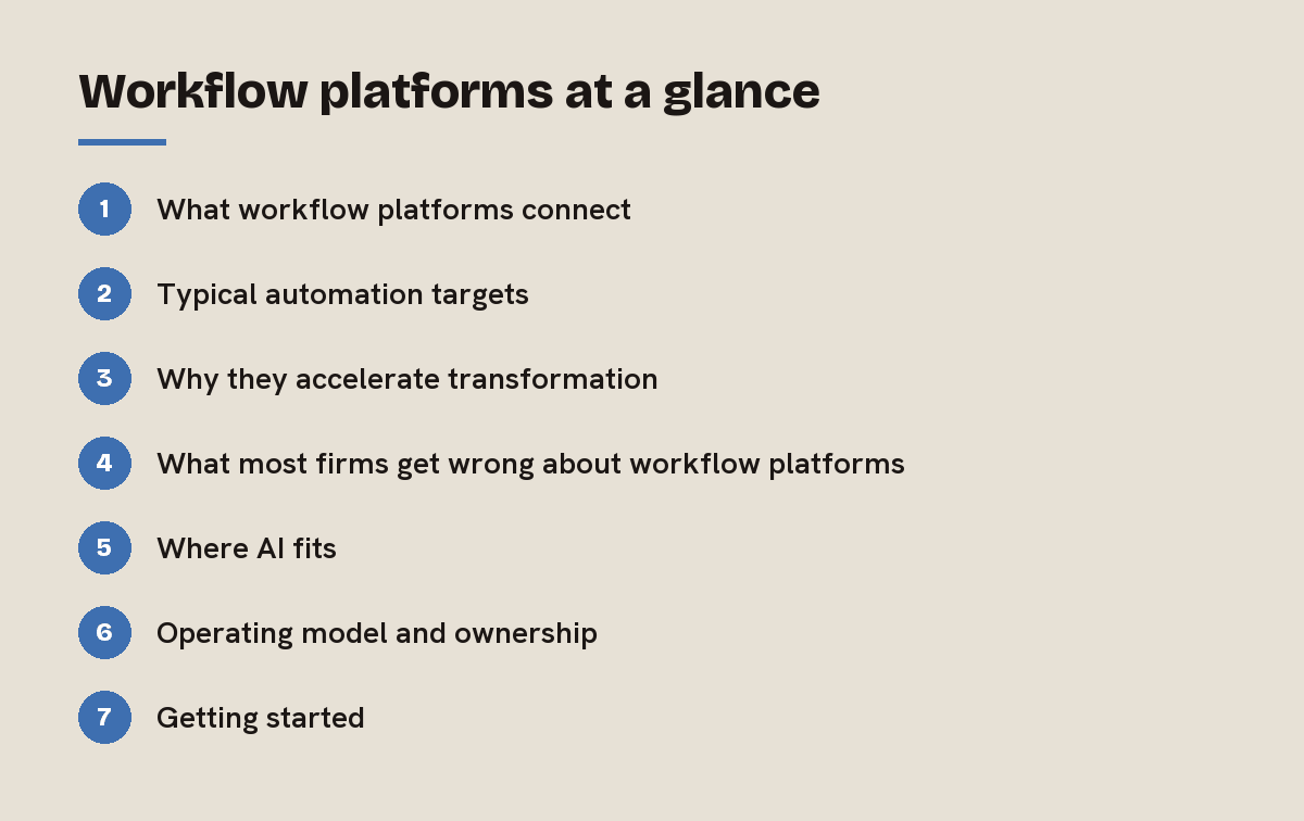 Workflow platforms at a glance: outline of the 7 sections in this answer
