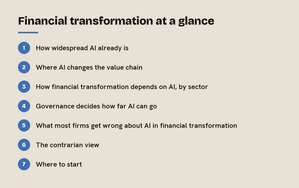 Financial transformation at a glance: outline of the 7 sections in this answer