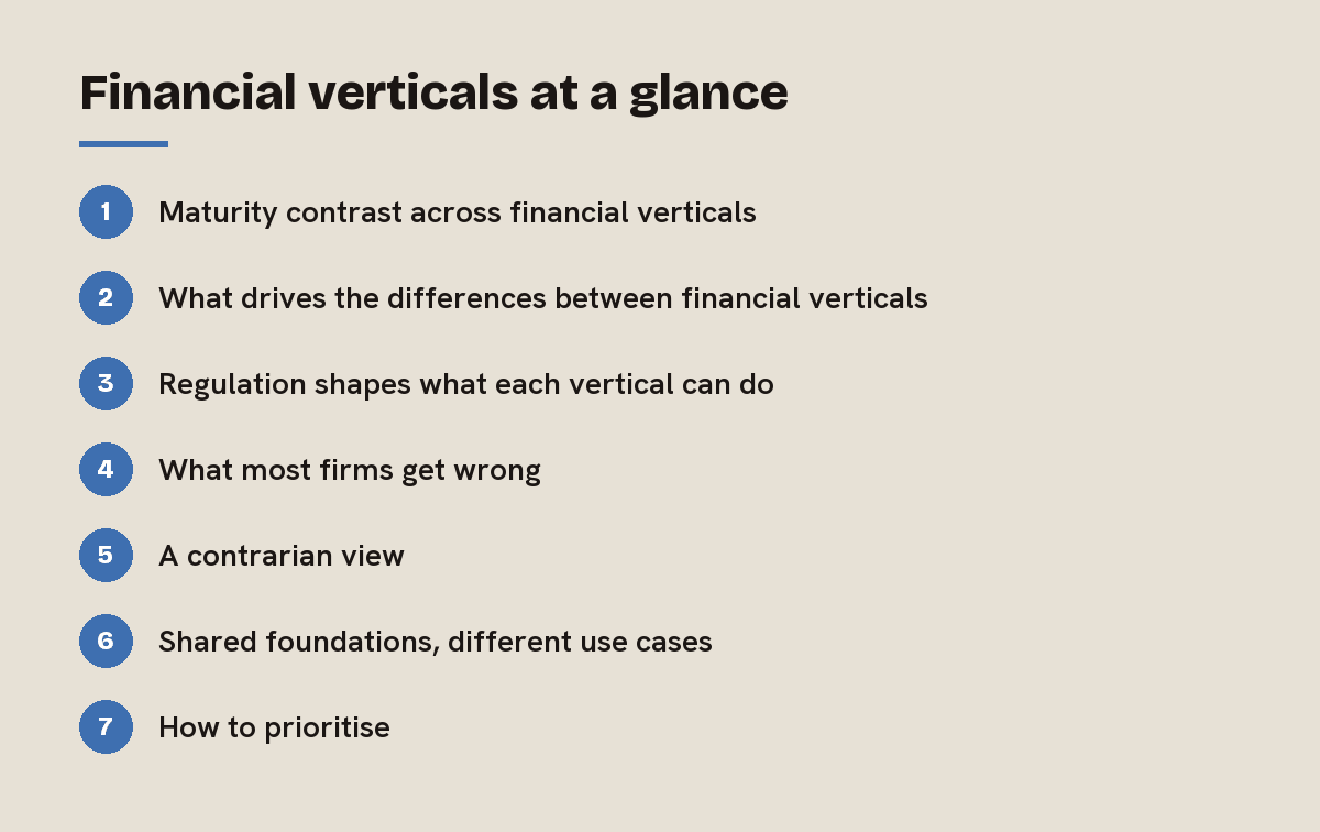 Financial verticals at a glance: outline of the 7 sections in this answer