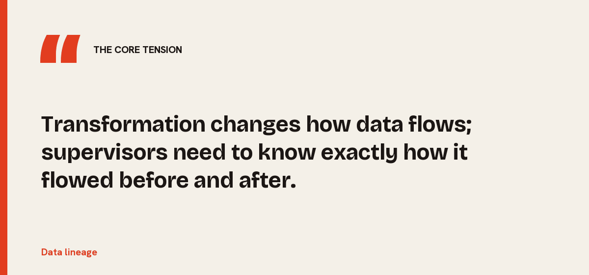Data lineage, the core tension: Transformation changes how data flows; supervisors need to know exactly how it flowed before and after.