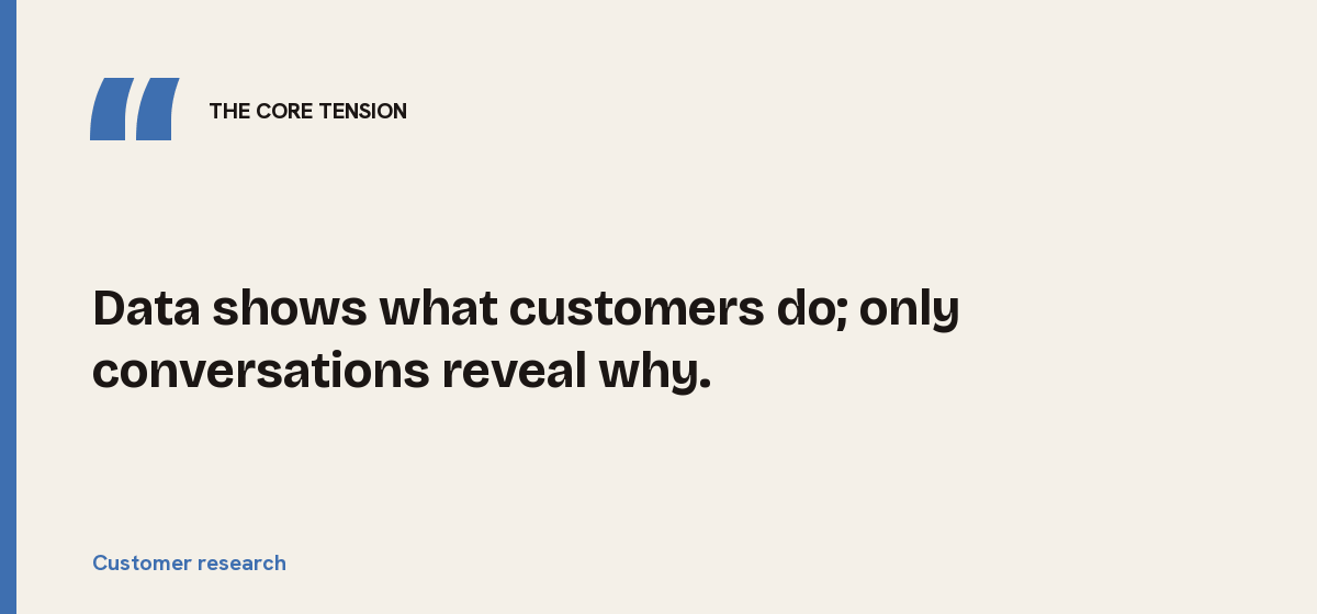 Customer research, the core tension: Data shows what customers do; only conversations reveal why.