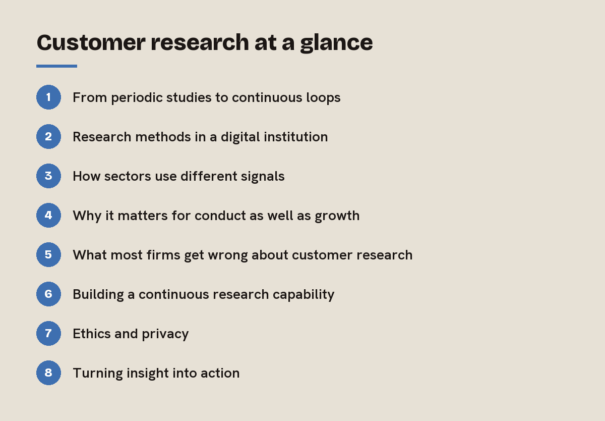 Customer research at a glance: outline of the 8 sections in this answer