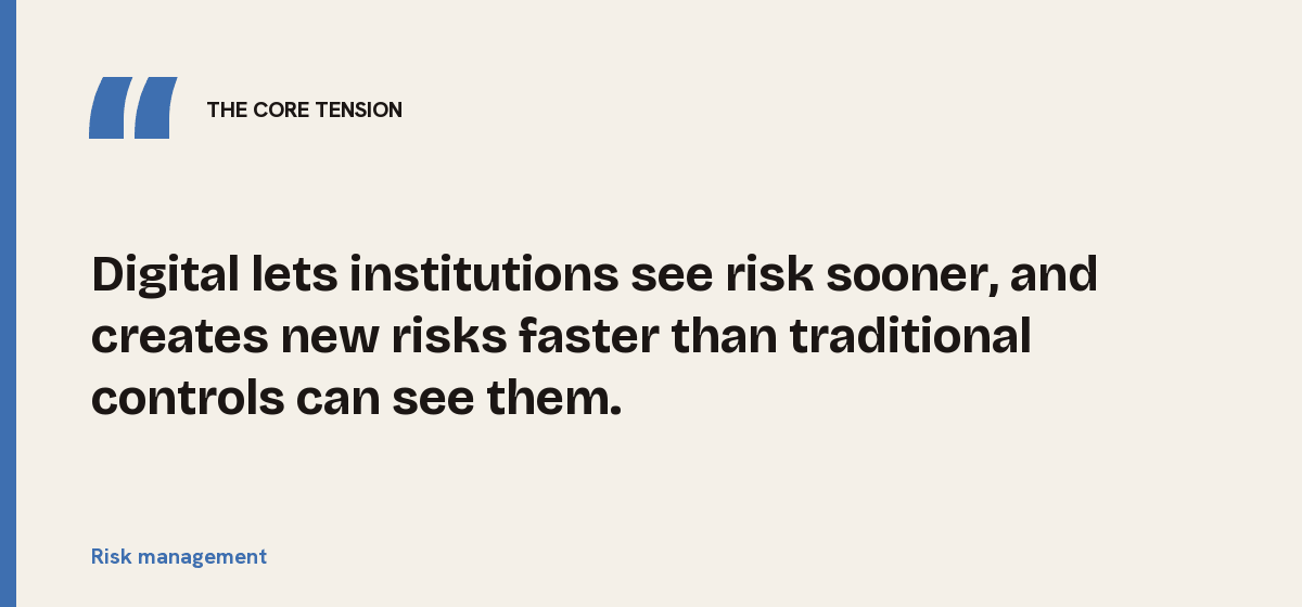 Risk management, the core tension: Digital lets institutions see risk sooner, and creates new risks faster than traditional controls can see them.