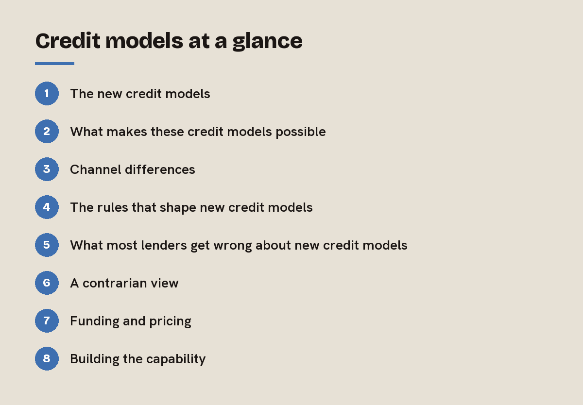 Credit models at a glance: outline of the 8 sections in this answer