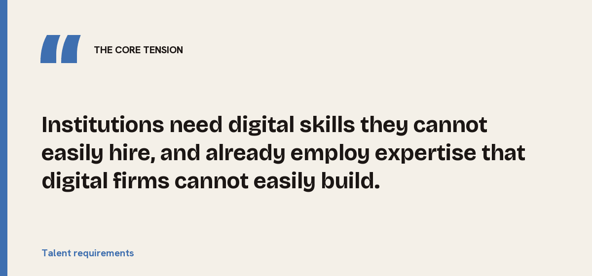 Talent requirements, the core tension: Institutions need digital skills they cannot easily hire, and already employ expertise that digital firms cannot easily build.