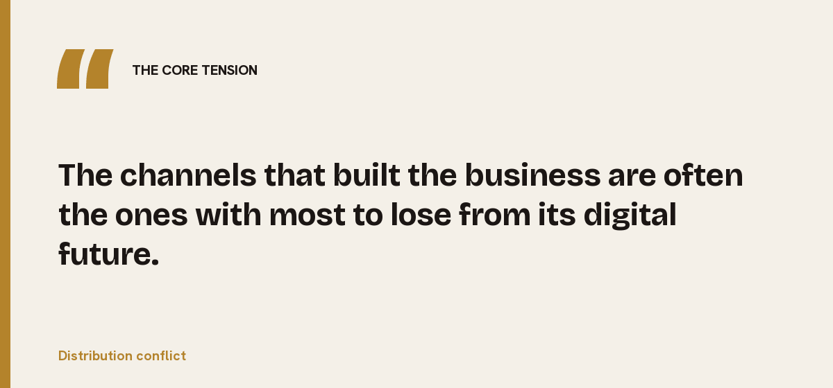 Distribution conflict, the core tension: The channels that built the business are often the ones with most to lose from its digital future.
