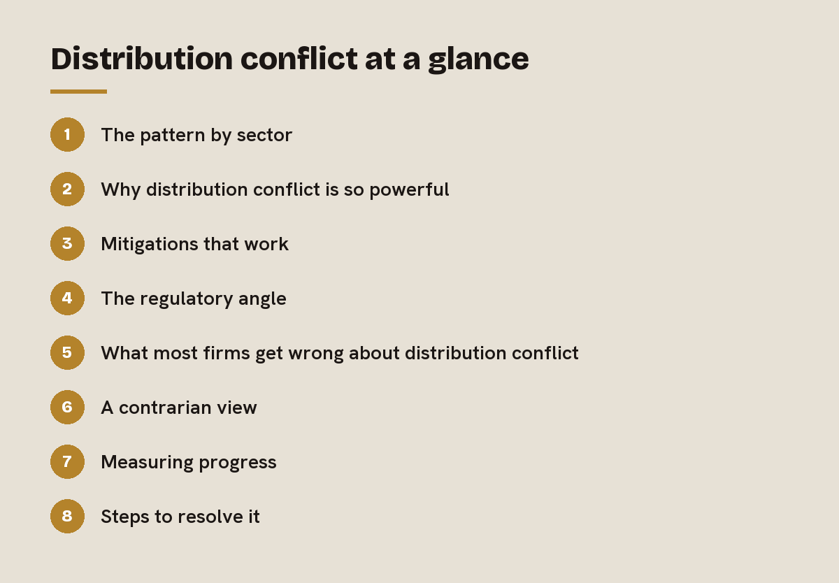 Distribution conflict at a glance: outline of the 8 sections in this answer