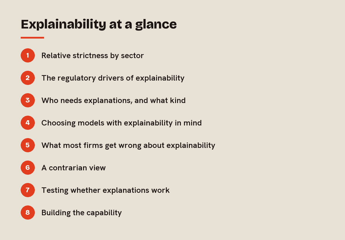 Explainability at a glance: outline of the 8 sections in this answer