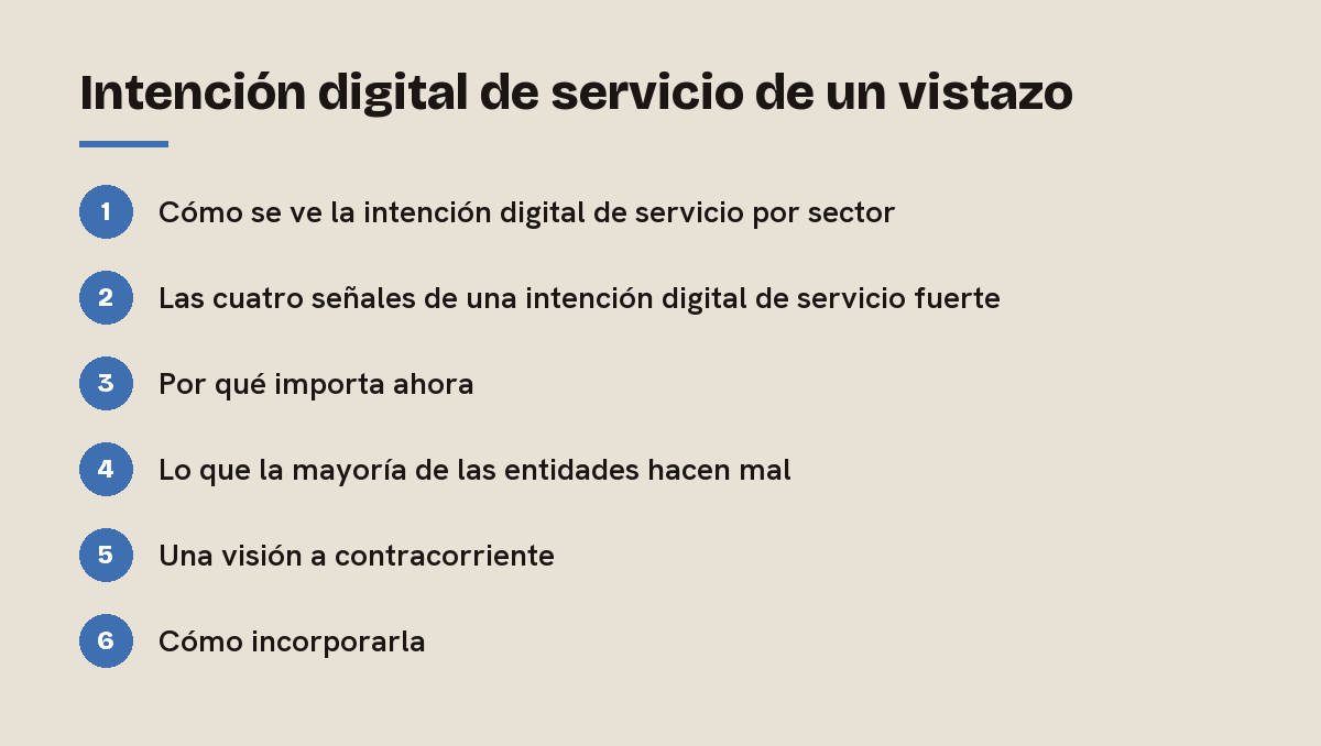 Intención digital de servicio de un vistazo: esquema de las 6 secciones de esta respuesta