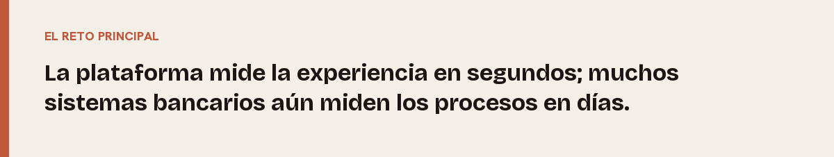 Limitaciones tecnológicas, el reto principal: La plataforma mide la experiencia en segundos; muchos sistemas bancarios aún miden los procesos en días.