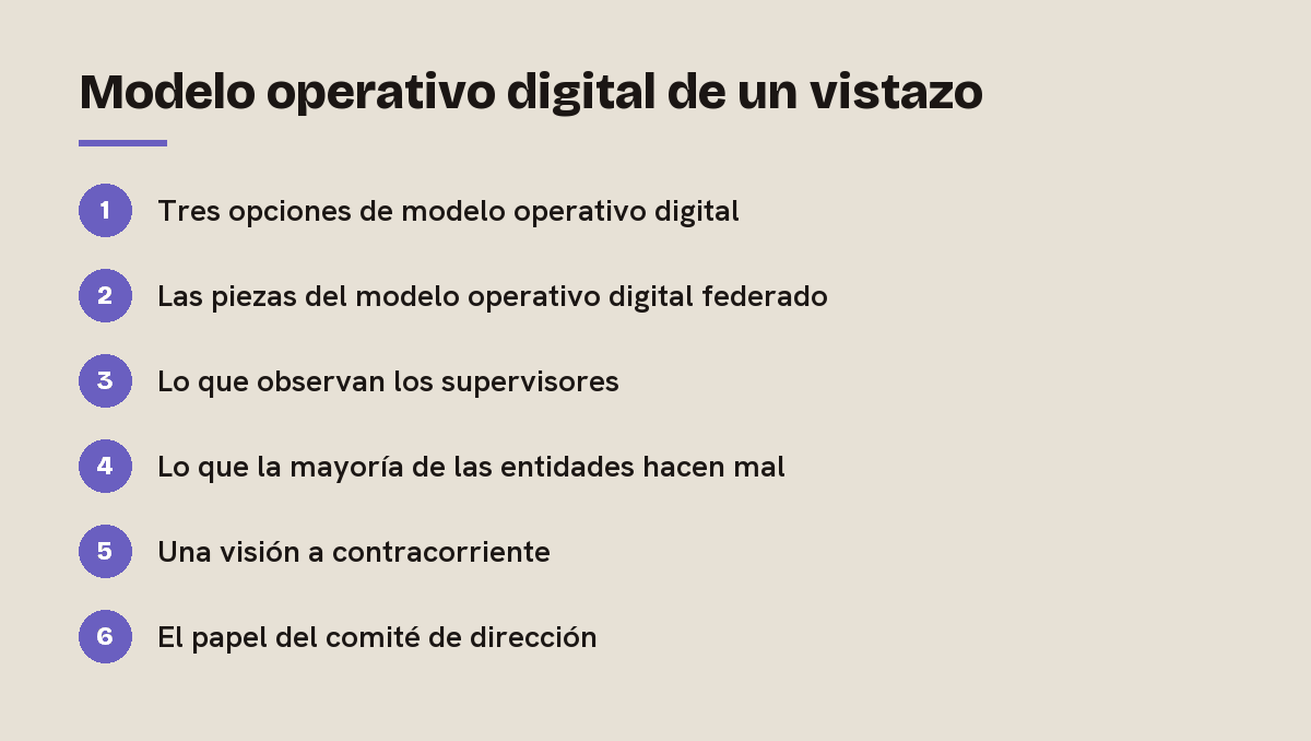 Modelo operativo digital de un vistazo: esquema de las 6 secciones de esta respuesta