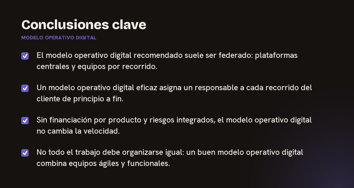 Conclusiones clave sobre modelo operativo digital, resumidas en 4 puntos