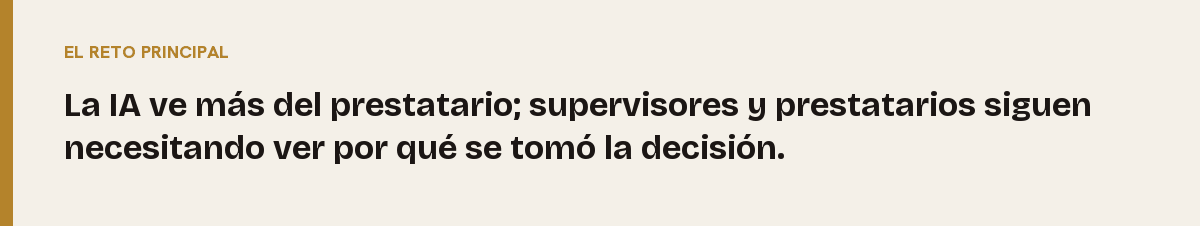 Modelos de crédito con IA, el reto principal: La IA ve más del prestatario; supervisores y prestatarios siguen necesitando ver por qué se tomó la decisión.