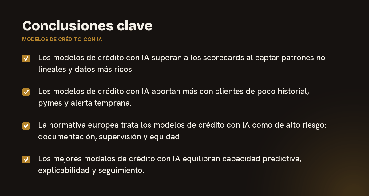 Conclusiones clave sobre modelos de crédito con IA, resumidas en 4 puntos