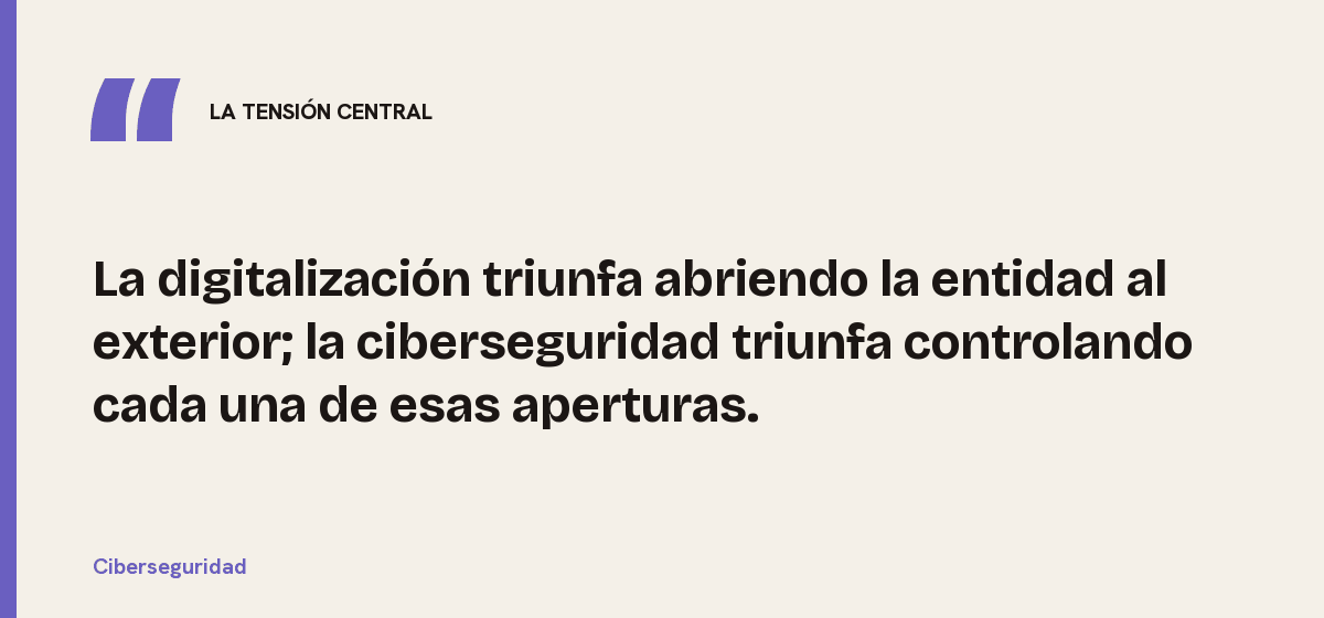 Ciberseguridad, la tensión central: La digitalización triunfa abriendo la entidad al exterior; la ciberseguridad triunfa controlando cada una de esas aperturas.