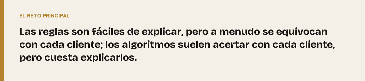 Personalización algorítmica, el reto principal: Las reglas son fáciles de explicar, pero a menudo se equivocan con cada cliente; los algoritmos suelen acertar con cada cliente, pero cuesta explicarlos.