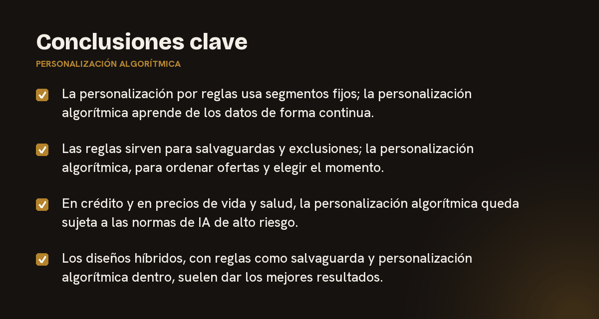 Conclusiones clave sobre personalización algorítmica, resumidas en 4 puntos