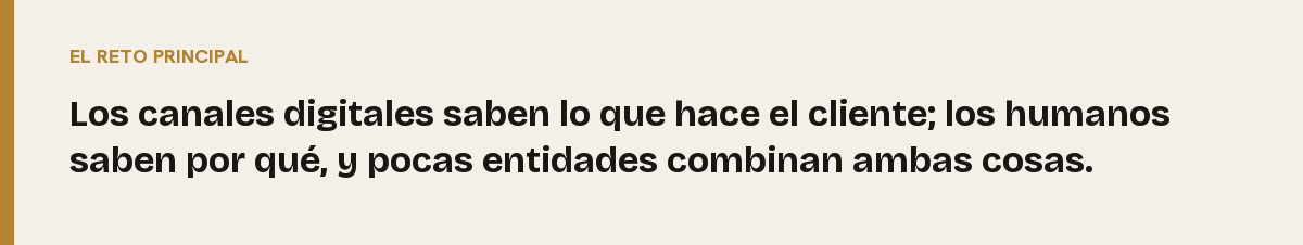 Personalización por canal, el reto principal: Los canales digitales saben lo que hace el cliente; los humanos saben por qué, y pocas entidades combinan ambas cosas.