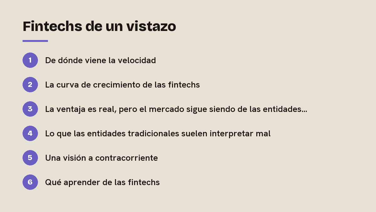 Fintechs de un vistazo: esquema de las 6 secciones de esta respuesta