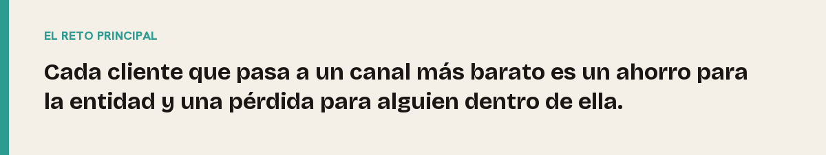 Riesgo de canibalización, el reto principal: Cada cliente que pasa a un canal más barato es un ahorro para la entidad y una pérdida para alguien dentro de ella.