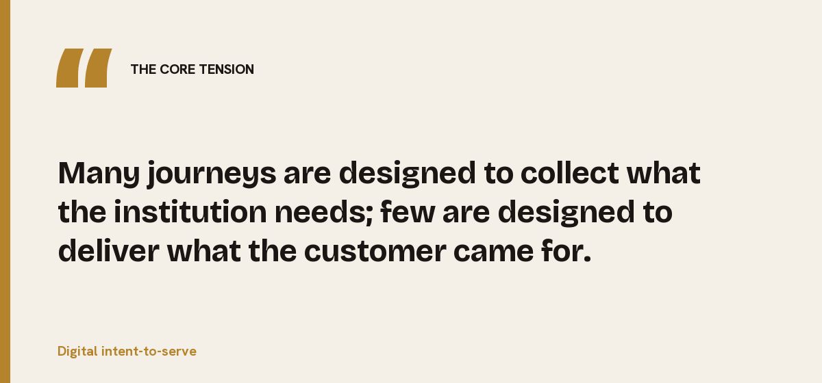 Digital intent-to-serve, the core tension: Many journeys are designed to collect what the institution needs; few are designed to deliver what the customer came for.