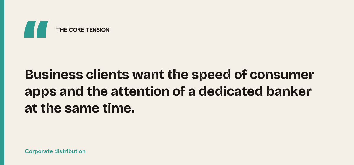 Corporate distribution, the core tension: Business clients want the speed of consumer apps and the attention of a dedicated banker at the same time.