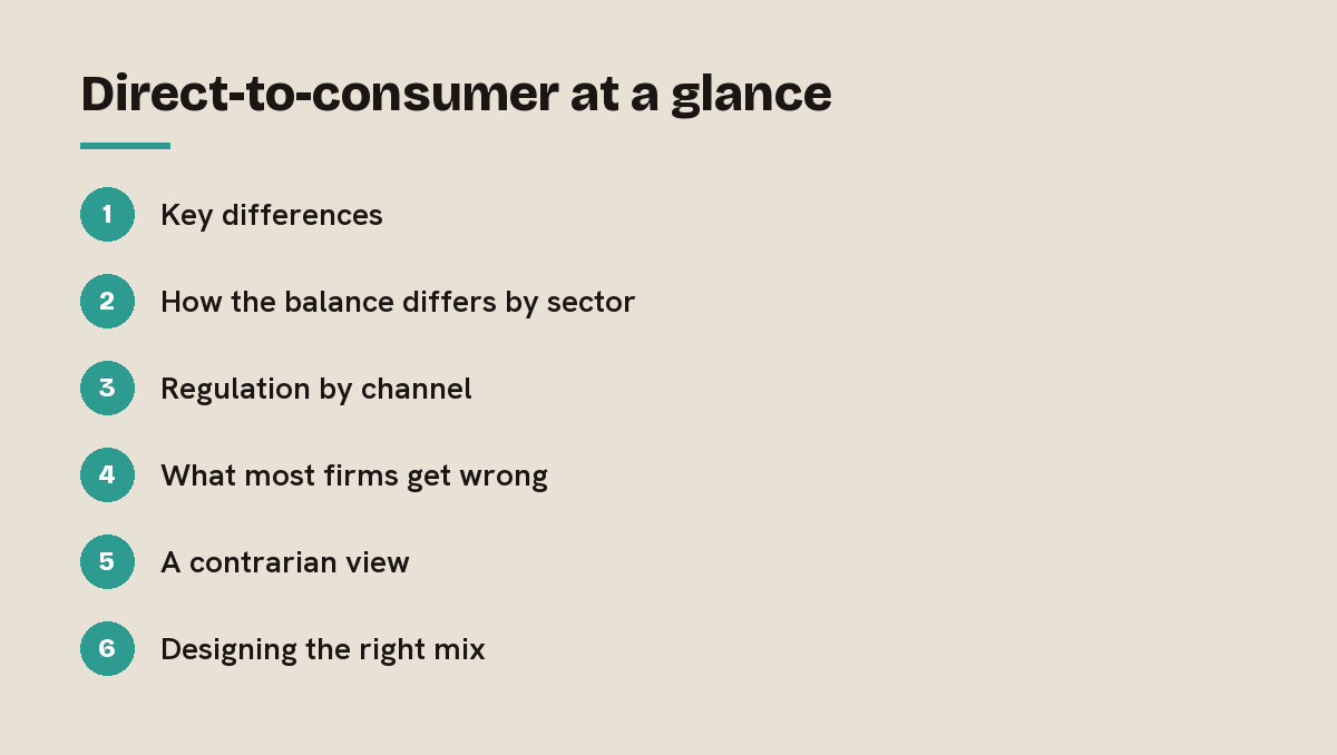 Direct-to-consumer at a glance: outline of the 6 sections in this answer