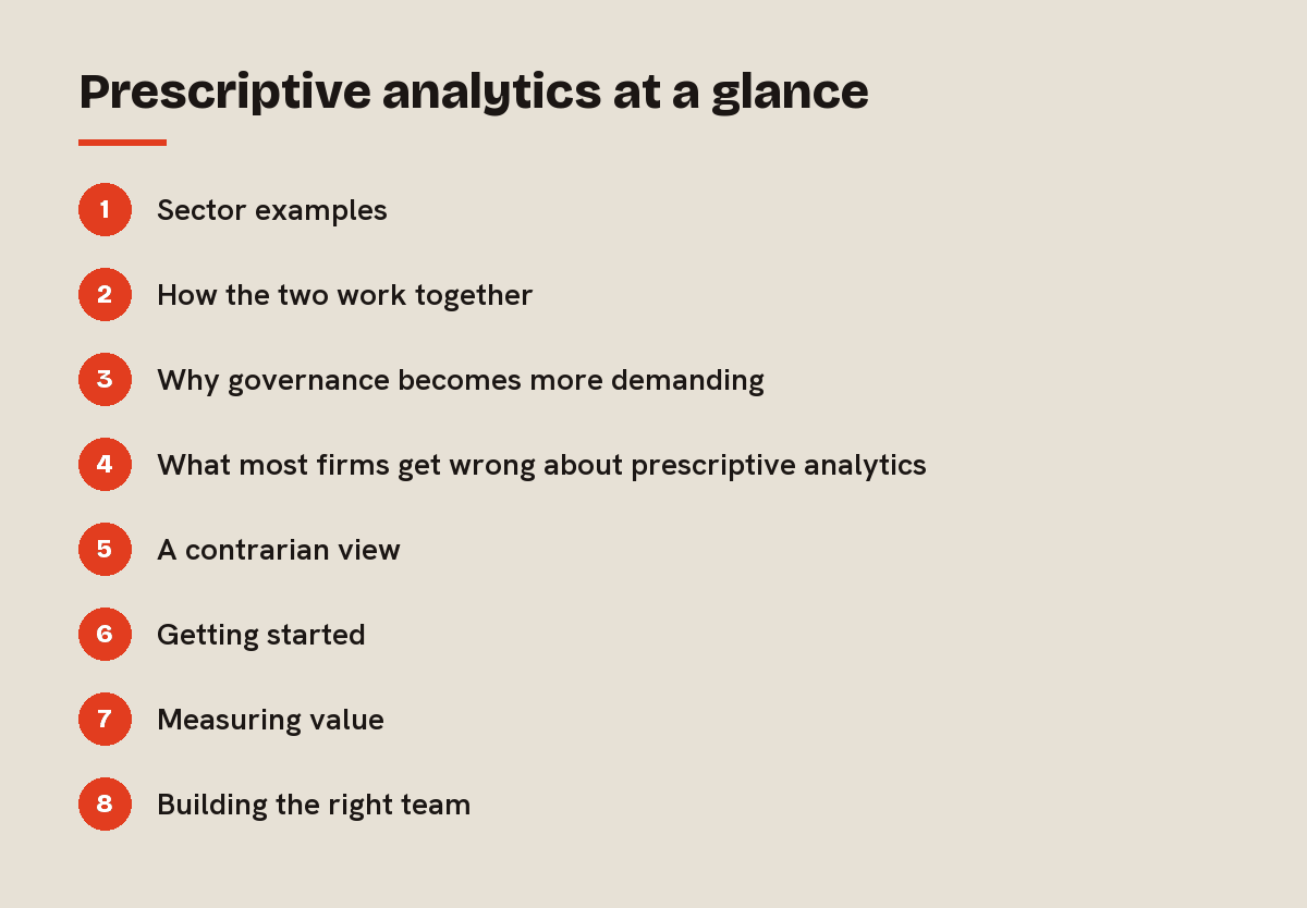 Prescriptive analytics at a glance: outline of the 8 sections in this answer