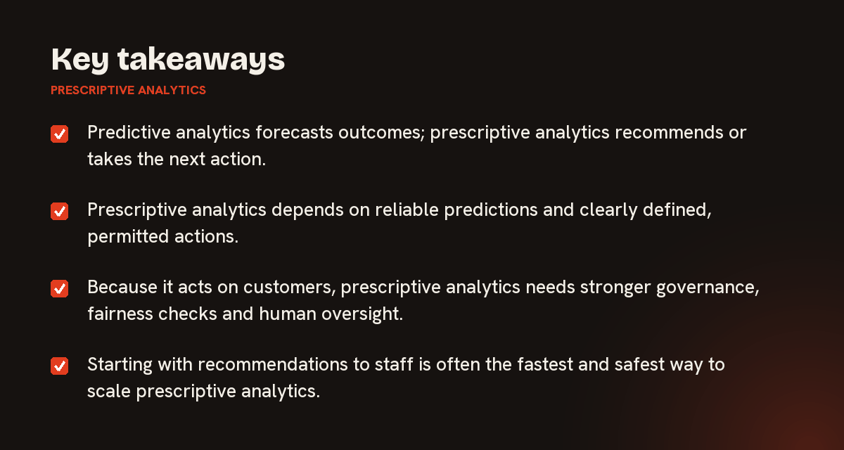 Key takeaways on prescriptive analytics, summarised in 4 points