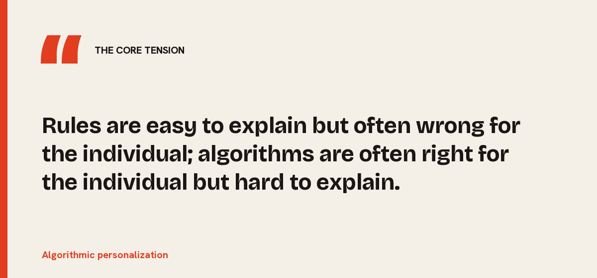 Algorithmic personalization, the core tension: Rules are easy to explain but often wrong for the individual; algorithms are often right for the individual but hard to explain.
