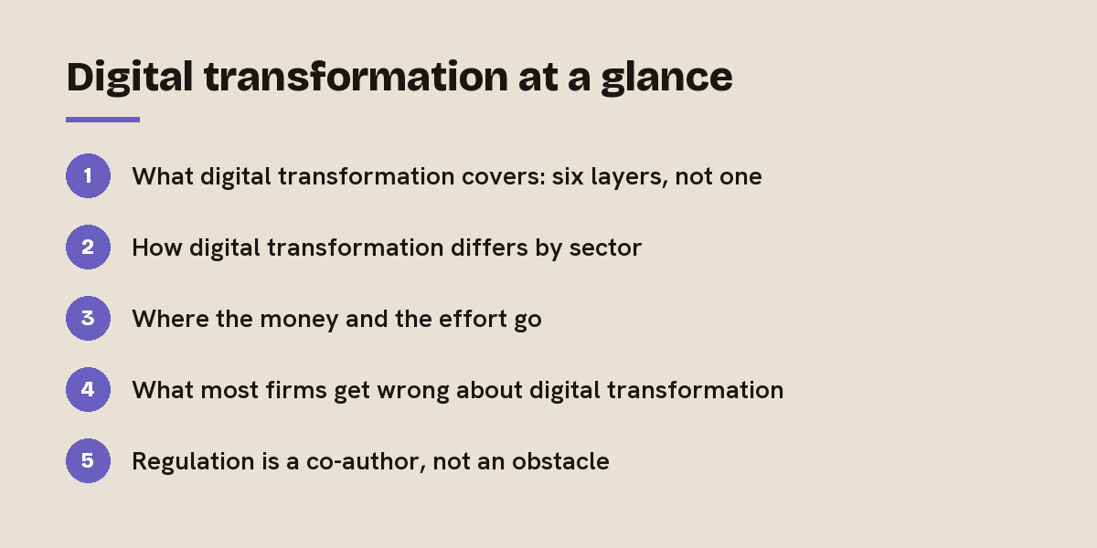 Digital transformation at a glance: outline of the 5 sections in this answer