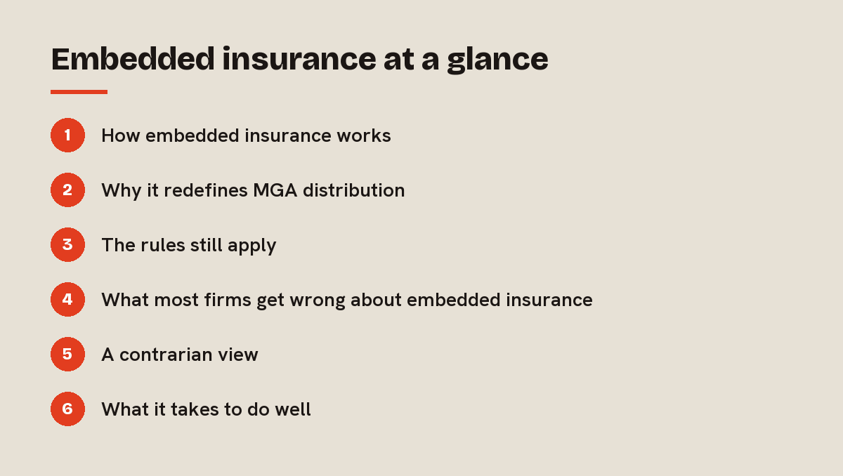 Embedded insurance at a glance: outline of the 6 sections in this answer
