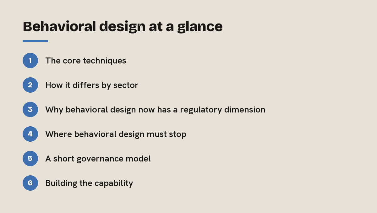 Behavioral design at a glance: outline of the 6 sections in this answer