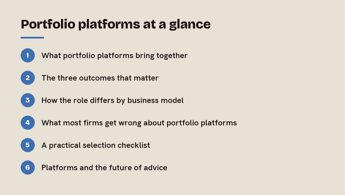 Portfolio platforms at a glance: outline of the 6 sections in this answer