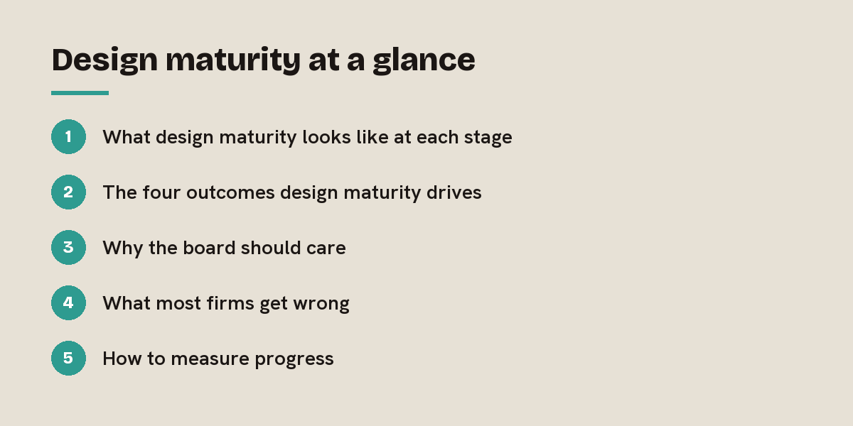 Design maturity at a glance: outline of the 5 sections in this answer