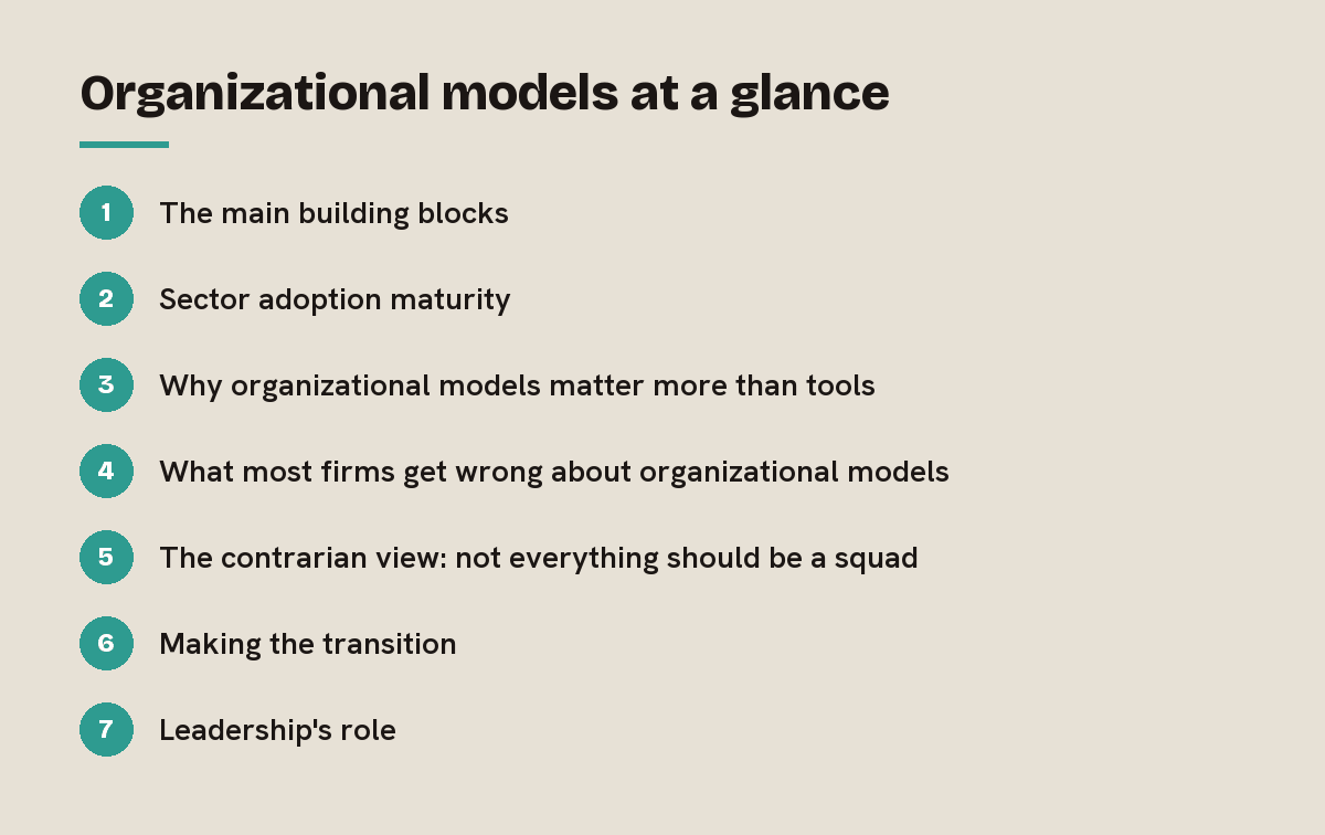 Organizational models at a glance: outline of the 7 sections in this answer